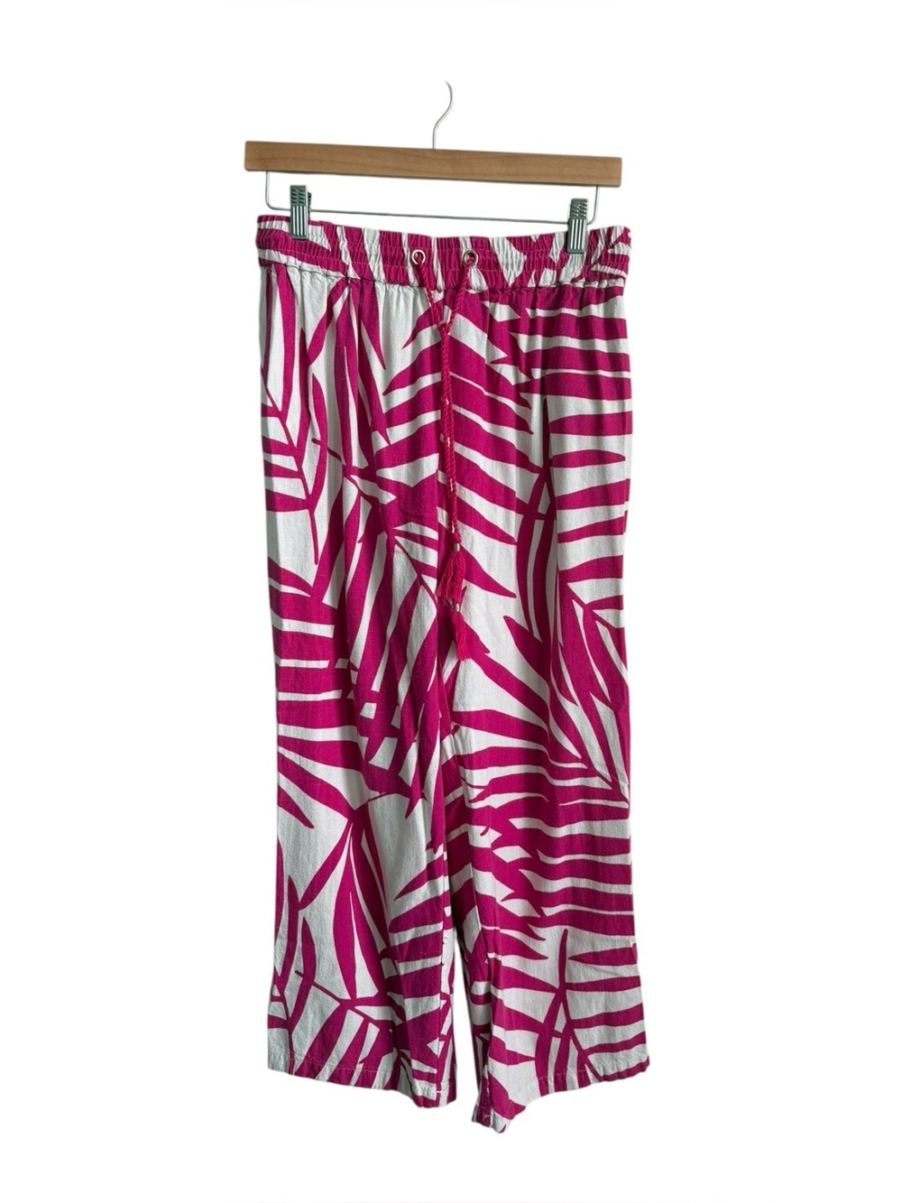 Gemma + Jane Pink Palm Print Wide Leg Linen Blend Pants Tassel Waist M